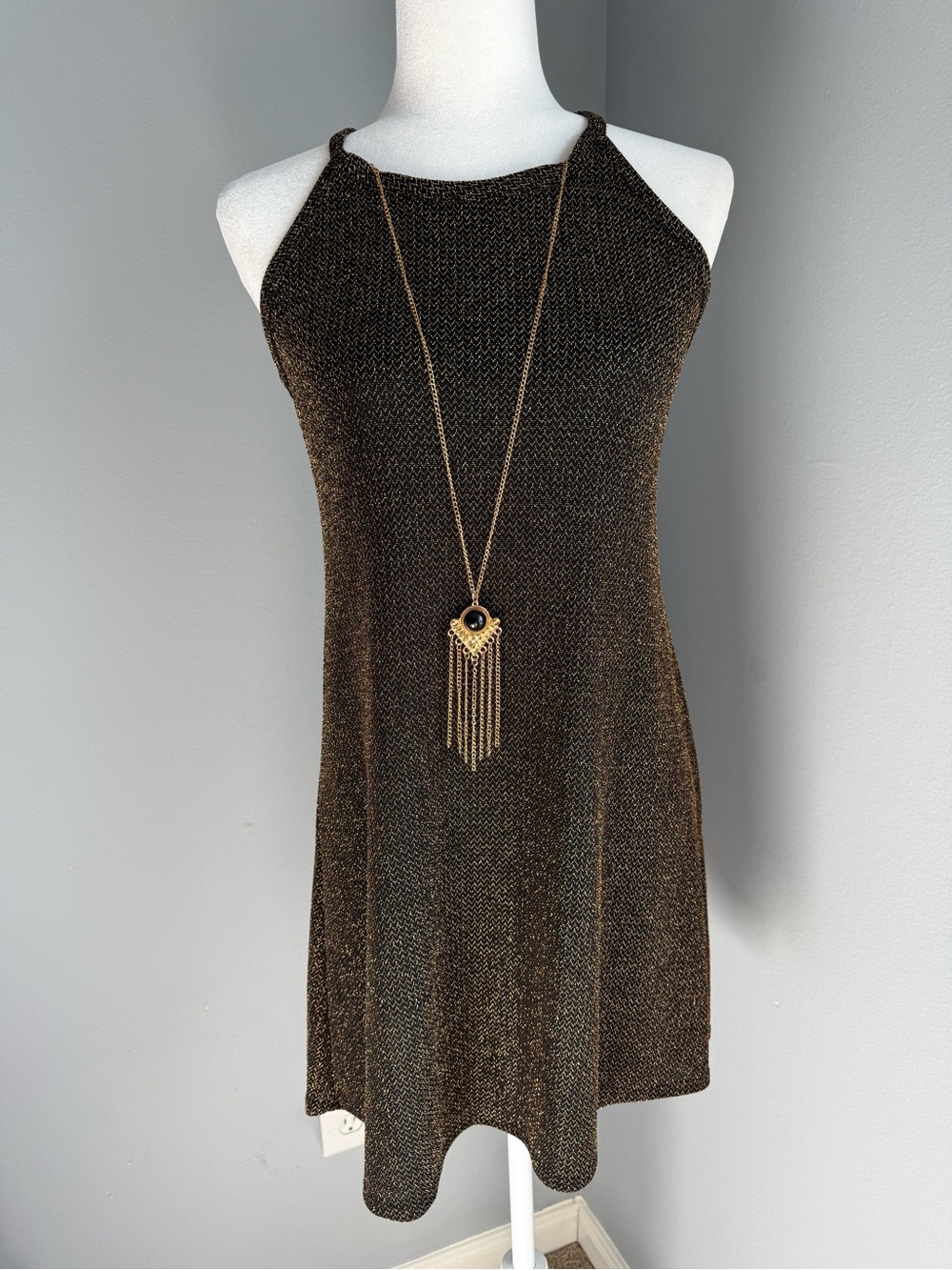 Black Metallic Halter A-Line Dress - Black & Gold with Necklace Cocktail Party